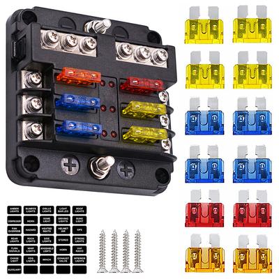 Portafusibili per Auto Barca 6 Vie Blocco Fusibili 12V/24V Blocco Fusibili Circuito Lame Portafusibili Impermeabile con Etichette Indicatore LED