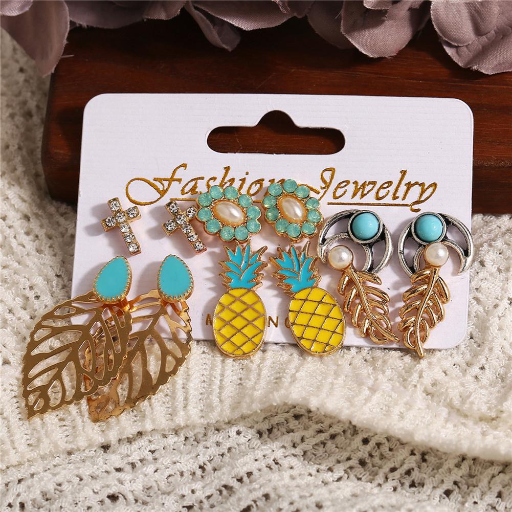 6Pairs/Set Alloy Jewelry Bohemian Vintage Style Ear Stud Pineapple Earring Set Flower Leaves