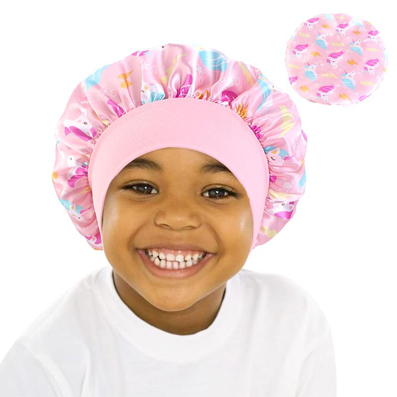 Neues Baby Einhorn Cartoon Druck Satin Nachtschlafmütze Elastisches Breites Band Bonnet Haarabdeckung Mütze Beanie Salon Bad Spa Duschhauben
