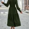 Women O Neck Puff Sleeve Solid Color High Waist Temperament Midi Swing Dress