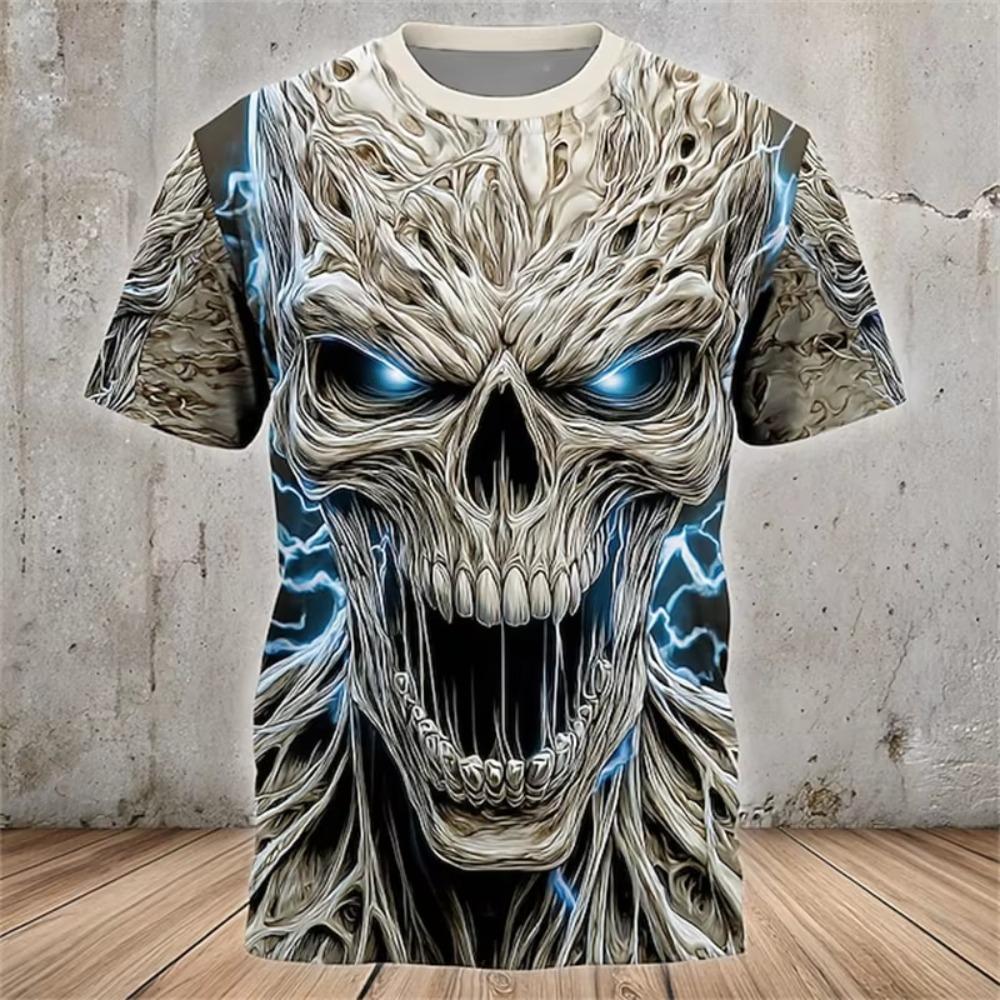 New Halloween Weird Skull Print Casual Crew Neck Short Sleeve Loose T-Shirt