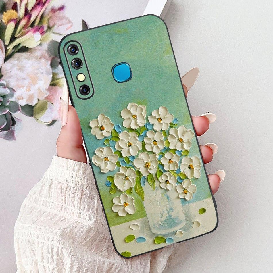 For Infinix Hot 8 Phone Case Hot 8 Lite Hot8 X650 X650C X650B X650D Elegant Floral Cat Pattern Black Silicone Soft TPU Cases