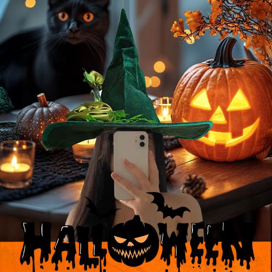 Rose-Lace Decor Witch Hat Halloween Green Party Cosplay Hat Magical Mystery Role-play Witch Hat Costume Accessory