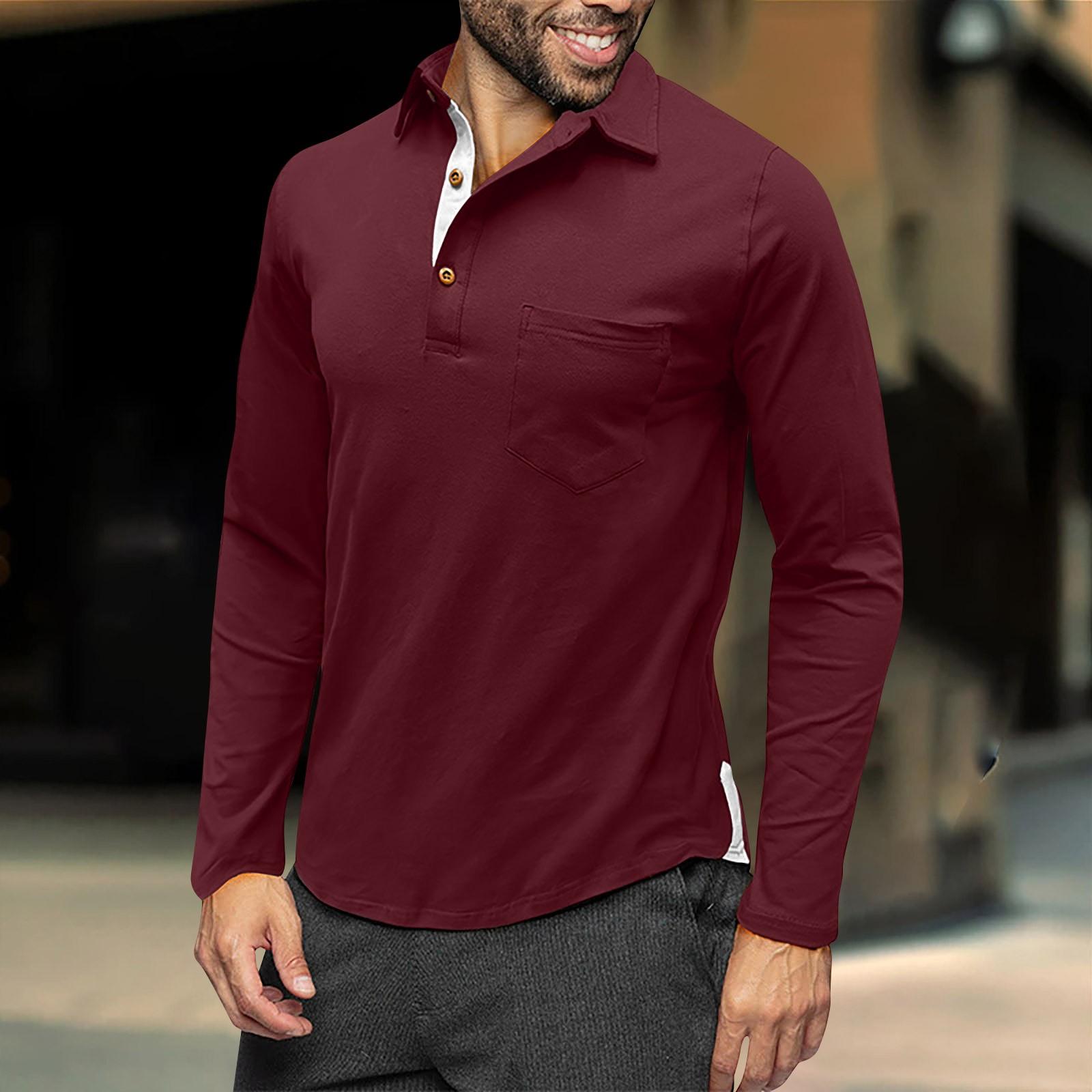 

Мужская весенне-осенняя однотонная футболка с лацканами, 3 пуговицы, открытая планка и пуговицы, топ с длинными рукавами XL винный