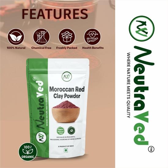 NeutraVed Moroccan Red Clay Powder (Rhassoul) For Face Mask, Skin & Hair | Natural & Organic - 200g
