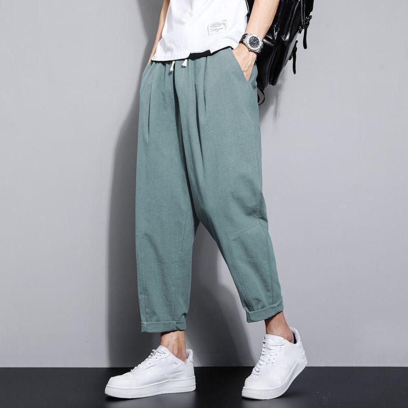 Men's Summer Loose-fit Linen Cotton Pants Trendy Lightweight Versatile Casual Sweatpants Cropped Pants For Men