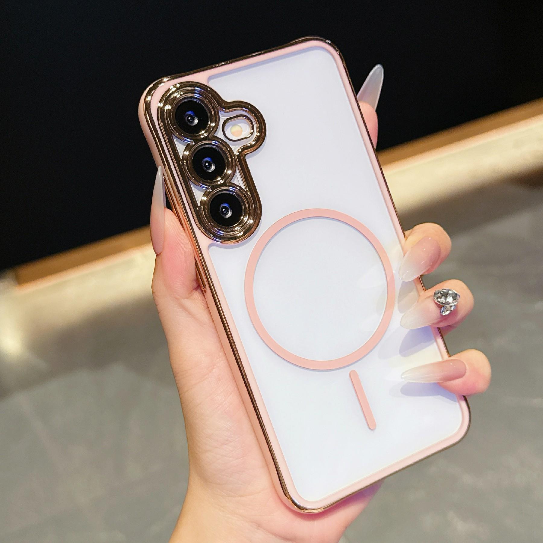 

For Samsung Galaxy S25/S24 Magnetic Case TPU Acrylic Phone Cover with Detachable Lens Frame Pink