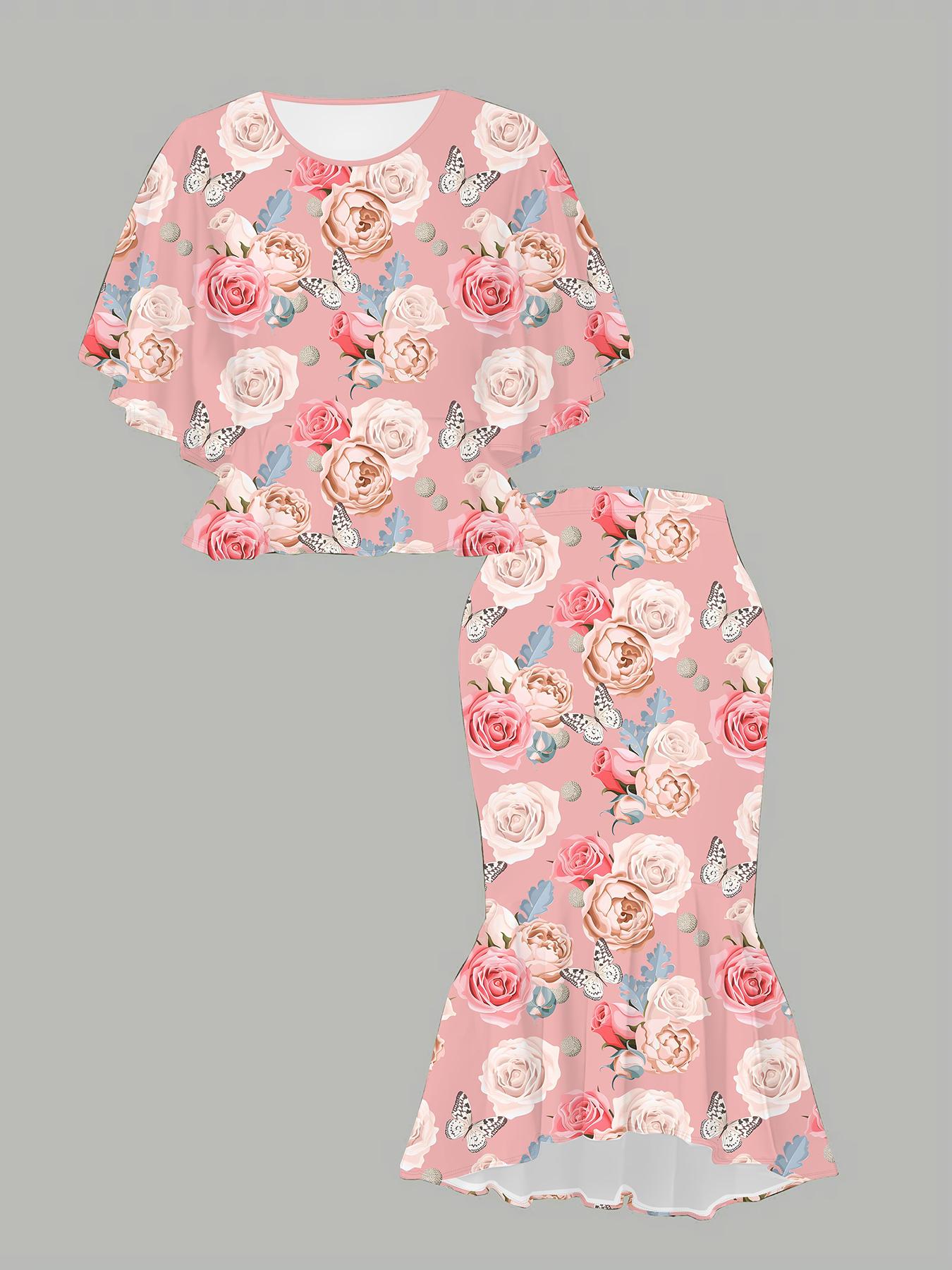 

3D Flower Printed Classical Totem Women s Print, Fashionable Large-sized, Elegant, Versatile for All Seasons. T-shirt, Skirt and Set 1XL рожевий