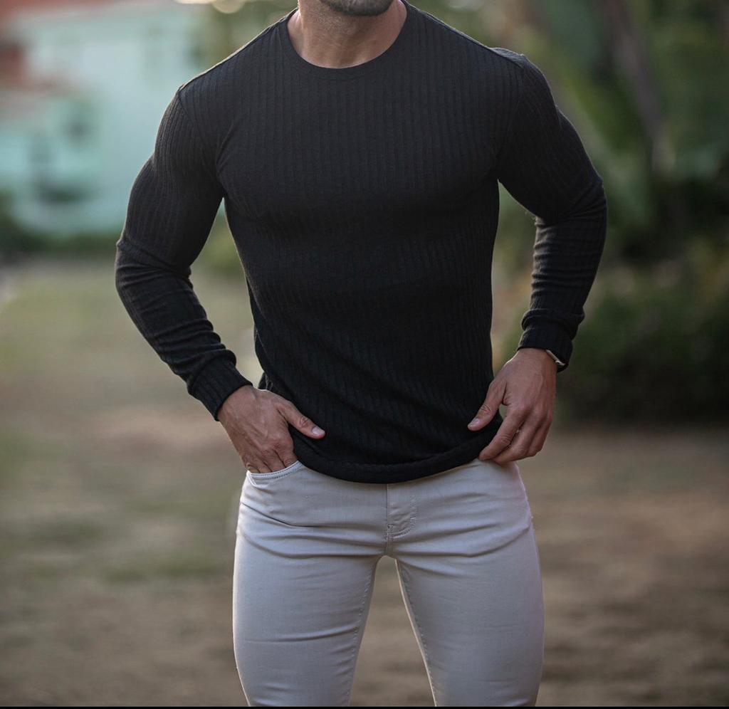 Men Casual Sports Fitness Elastic Vertical Stripe Round Neck Long Sleeve T Shirt