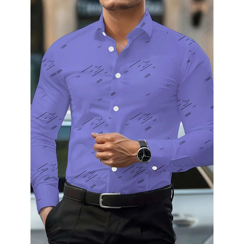 Men's Trendy Geometric 3D Line Print Long-Sleeved Shirt Men's Button up Shirt Casual Fashion Male White Shirt Lapel Shirt Tops