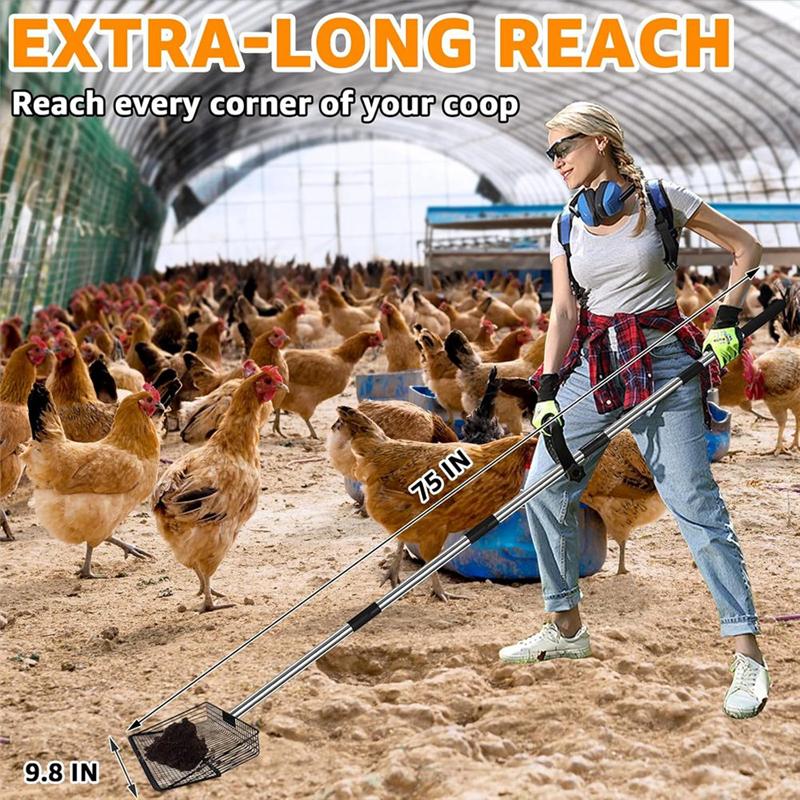 ABNO-Chicken Poop Scooper, 5 In 1 Adjustable Chicken Coop Pooper Shovel Stainless Steel Sifting Shovel With Ergonomic Grip