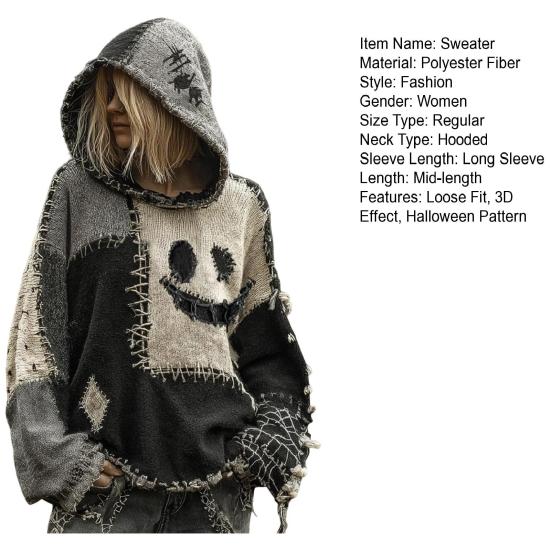 Imitation Cashmere Sweater Hooded Long Sleeve Halloween Ghost Cat Pattern Sweater Retro Print Loose Fit Distressed Knitting Hoodie