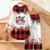 Christmas Print Two Piece Outfit Women Long Sleeve Irregular Hem Tunic Top Wide Leg Pants Casual Matching Set
