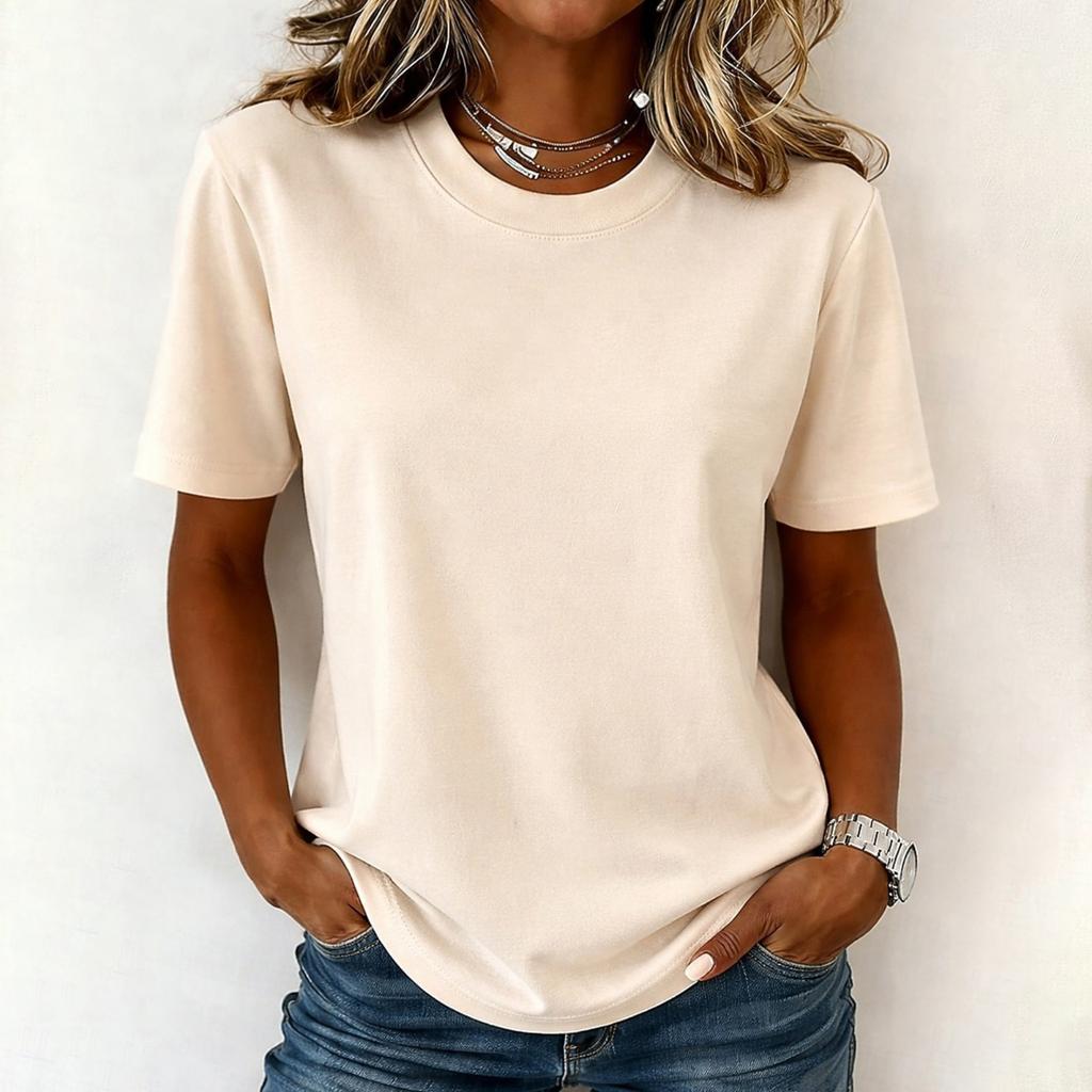 Women Casual Basic Crew Neck Short Sleeve Solid T Shirt Soft Lightweight Relaxed Fit Plain Top for Everyday Wear