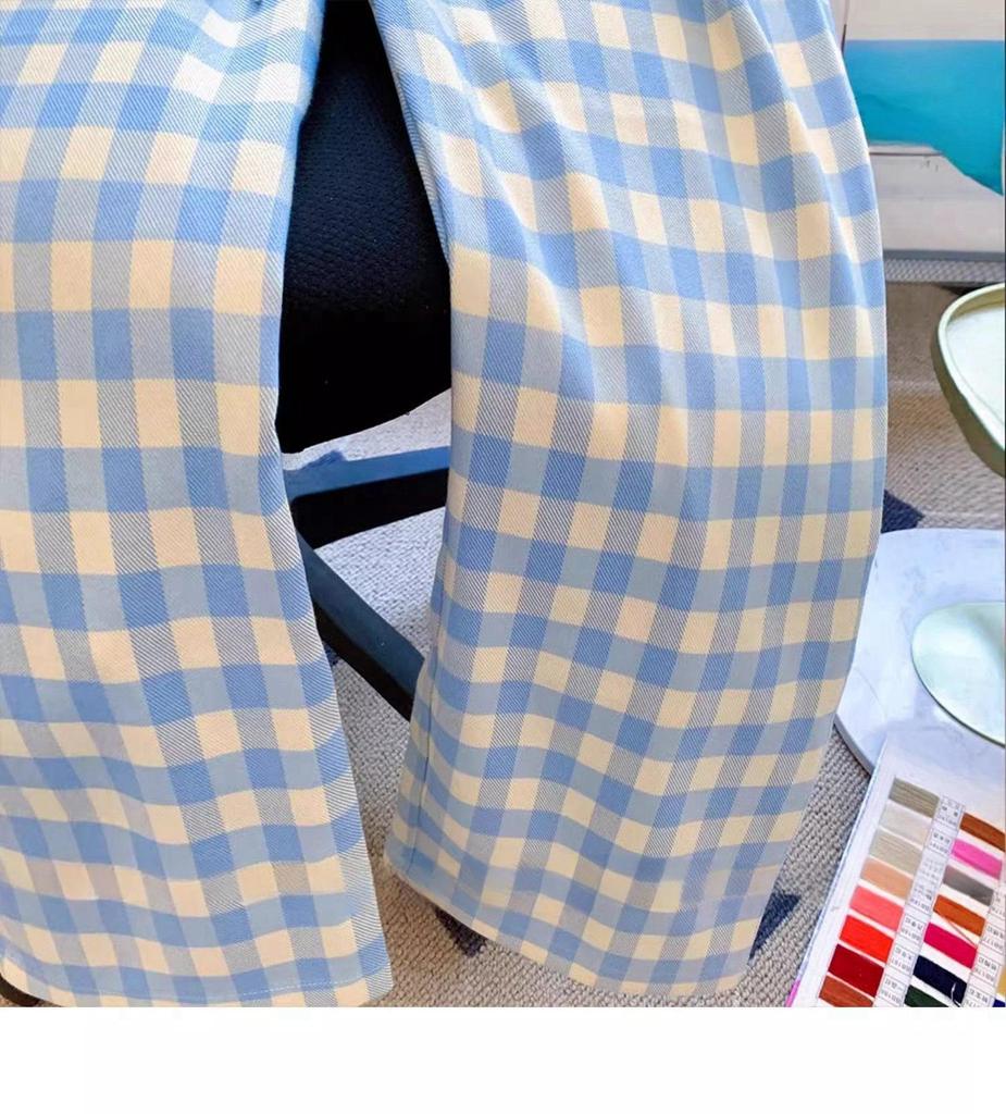 Women's Blue & White Checkered Wide-Leg Pants - Loose, Plus Size, Slimming, Floor-Length