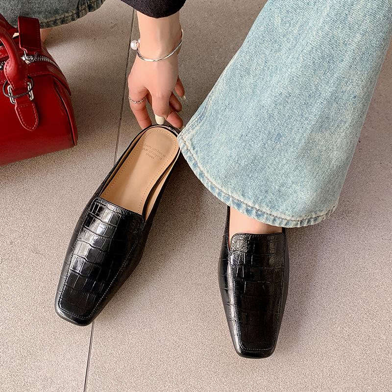 Fashion Genuine Leather Retro Semi-drag Mueller Slippers Woman Women's Low-heel Square Toe Casual Shoes Women Slippers 2025 Summer New