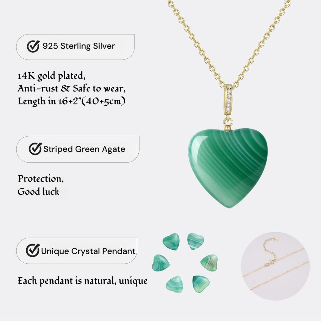 Love Heart Line Green Agate Healing Power Stone Heart Necklace for Women [KOAI]