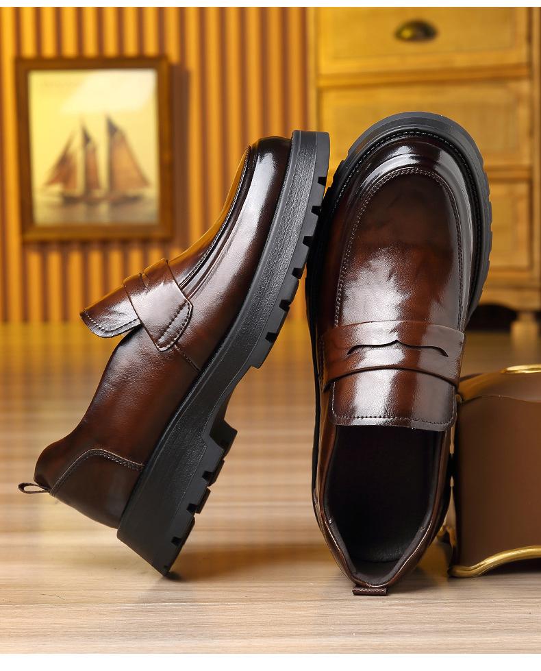 Men Slip-On Loafer Dress Shoes Black Leather Chunky Thick Sole Round Toe Business Casual Non-Slip Walking Office Shoes For Man