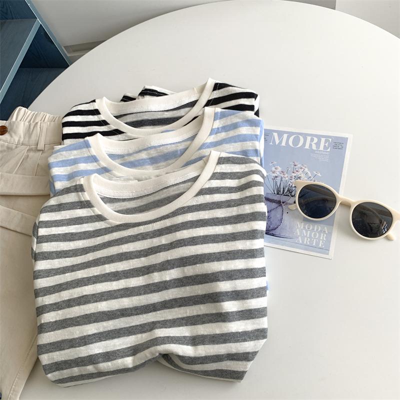 2025 Summer Women's Striped Cotton-Linen Short-Sleeve Round Neck Top, Korean Style