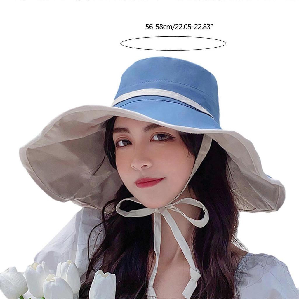 All-match Big Brim Cover Face Fisherman Hat Summer Bucket Hat for w/ Windproof Rope for Sun Hat Sunscreen for Outdoor Ac Khaki