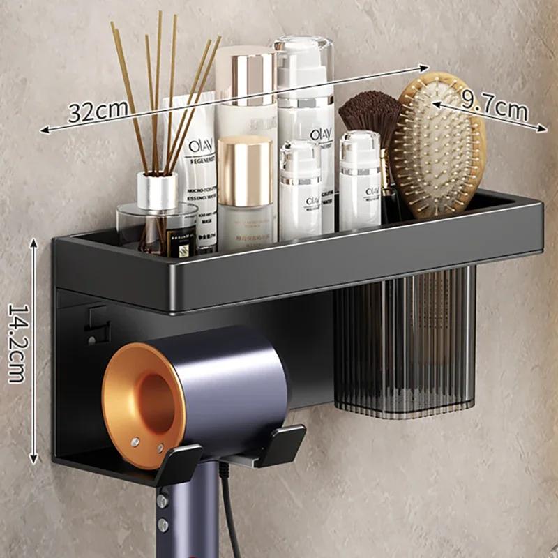 Bathroom Shelf Makeup Storage Organizer Carbon Steel Hair Dryer Holder Bathroom Accessories Wall Shelf with Cup Hook