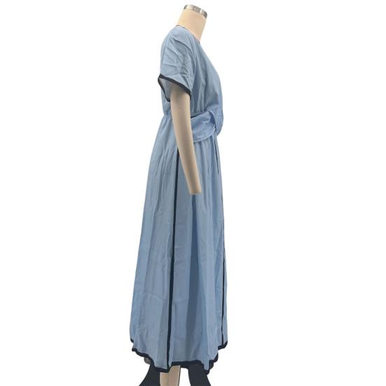 Maxi Robe d'Été pour Femmes Rayée Manches Courtes Col en V Robe évasée Décontractée Vacances à la Plage Fluide Robe d'été coupe A