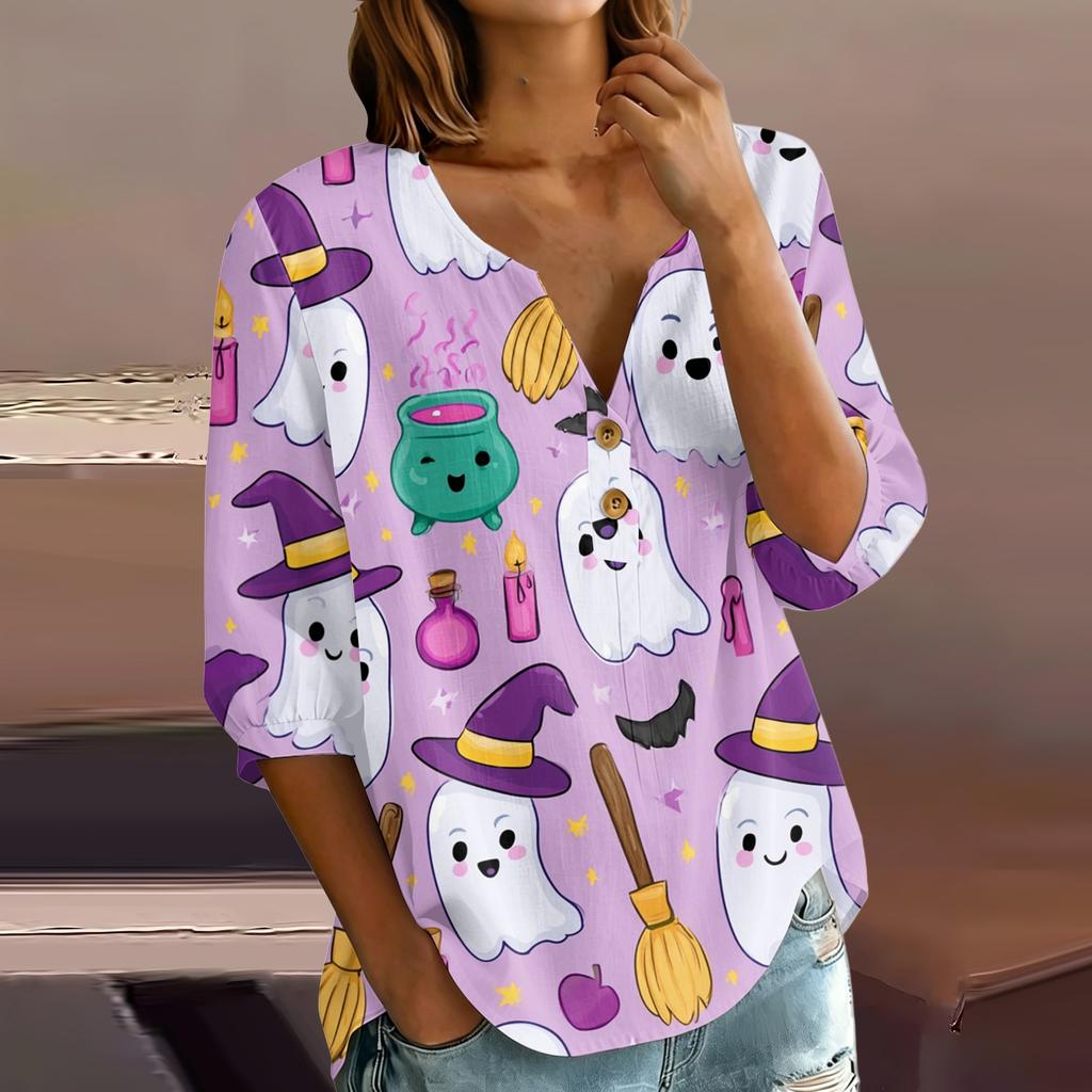 Women's Casual V Neck Button Front Three Quarter Sleeve T Shirt Halloween Print Lightweight Blouse for Everyday Wear and Seasonal Outfits