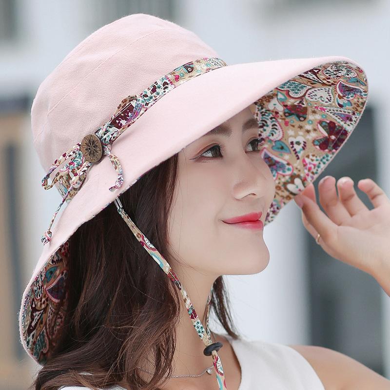 Summer Women's Sun Hat Sun Protection Travel New Wooden Buckle Sun Hat Children's Korean Version Beach Hat Versatile Straight