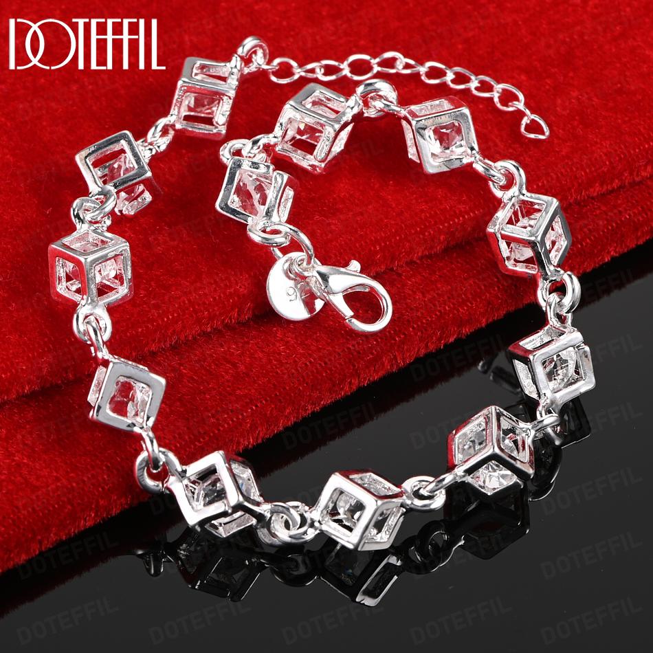 925 Sterling Silver AAA Zircon Square Bracelet Wedding Gift Jewelry