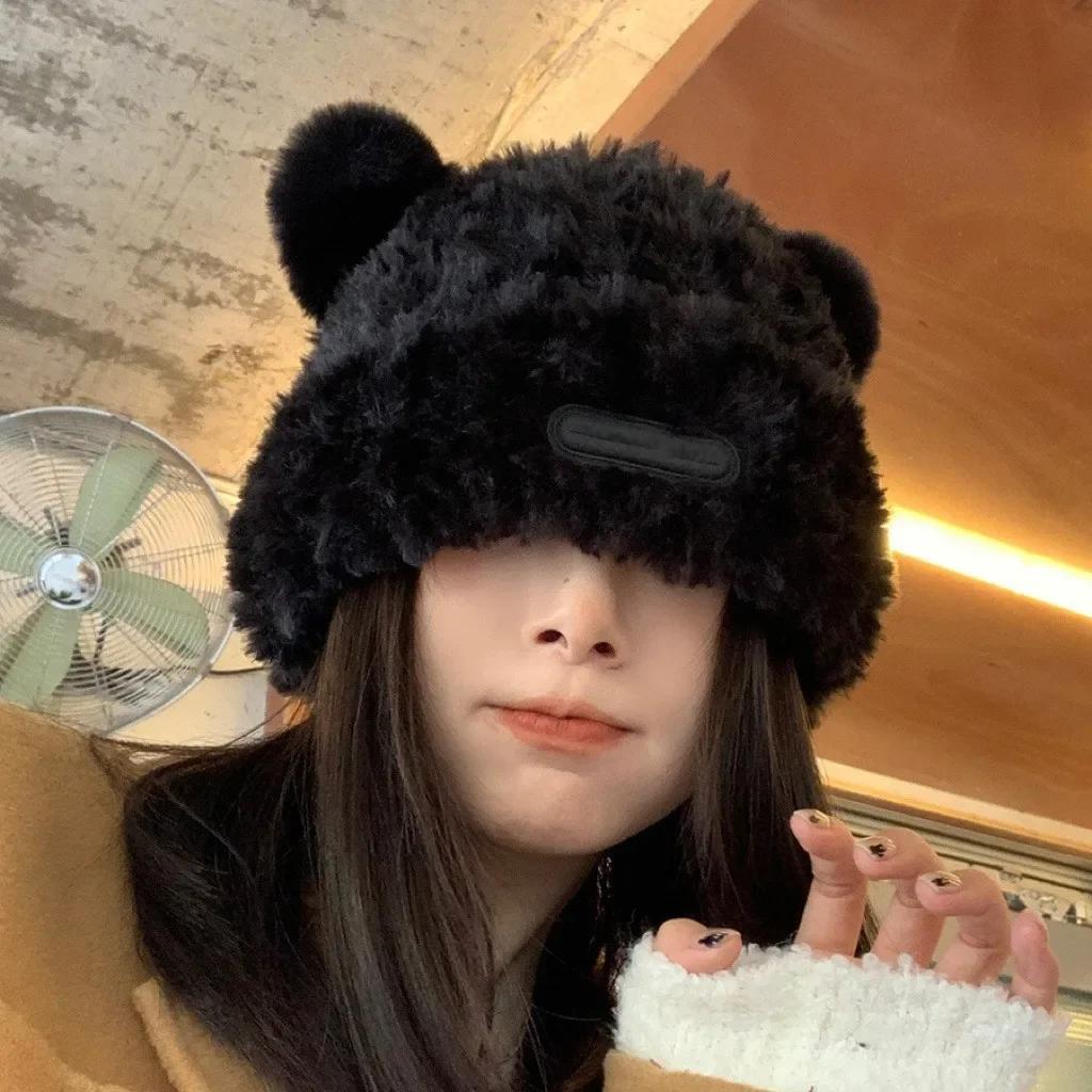 Beanie Hat Cute Plush Bear Knitted Hat Solid Color Casual Ear Protection Cap Winter Warm Coldproof Women Hats Sweet Popular Hat