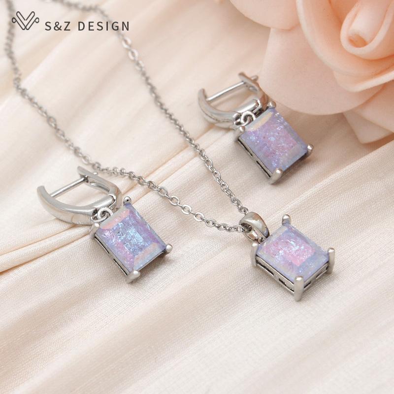 Moda Retângulo Gelo Crack Cristal Brincos Conjuntos de Jóias Para Mulheres Pingente Colar Cor Ouro Rosa