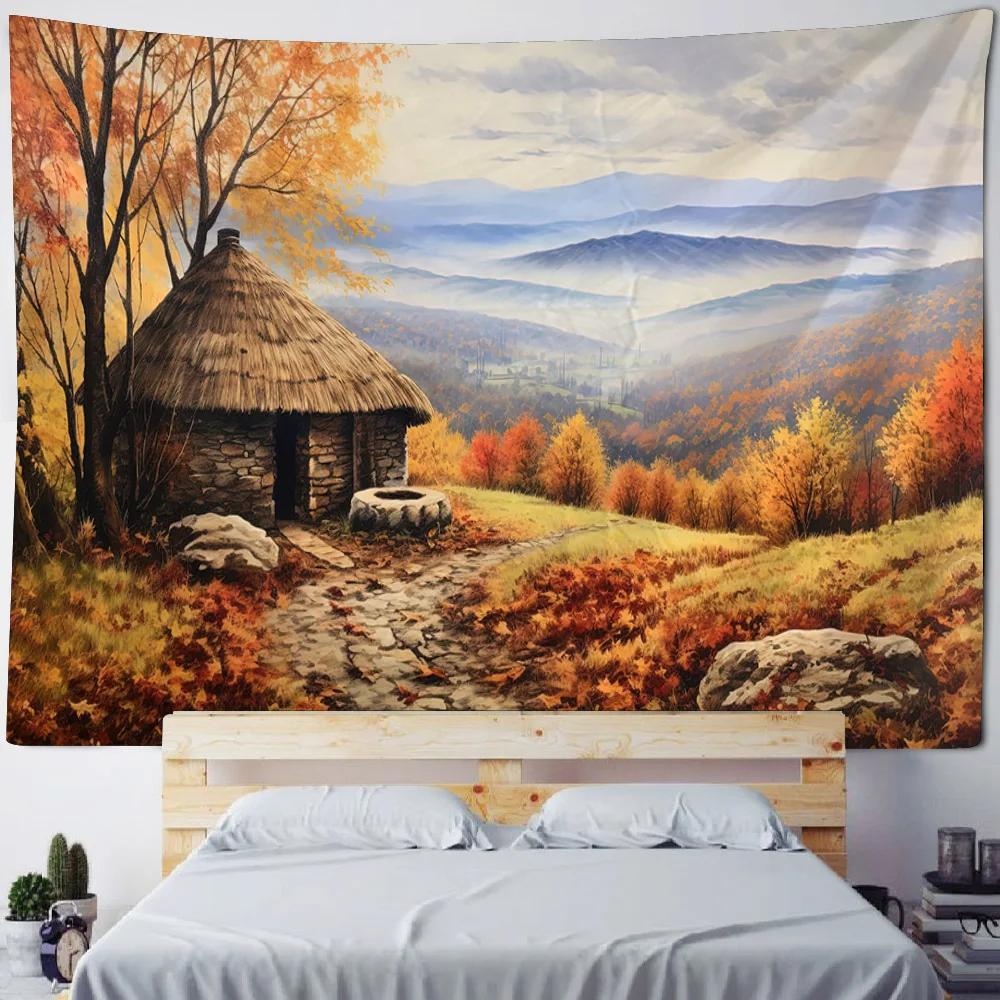 Colorful Mountain & Lake Rural Landscape Oil Painting Tapestry Retro House Art Decor Home Wall Hanging Canvas