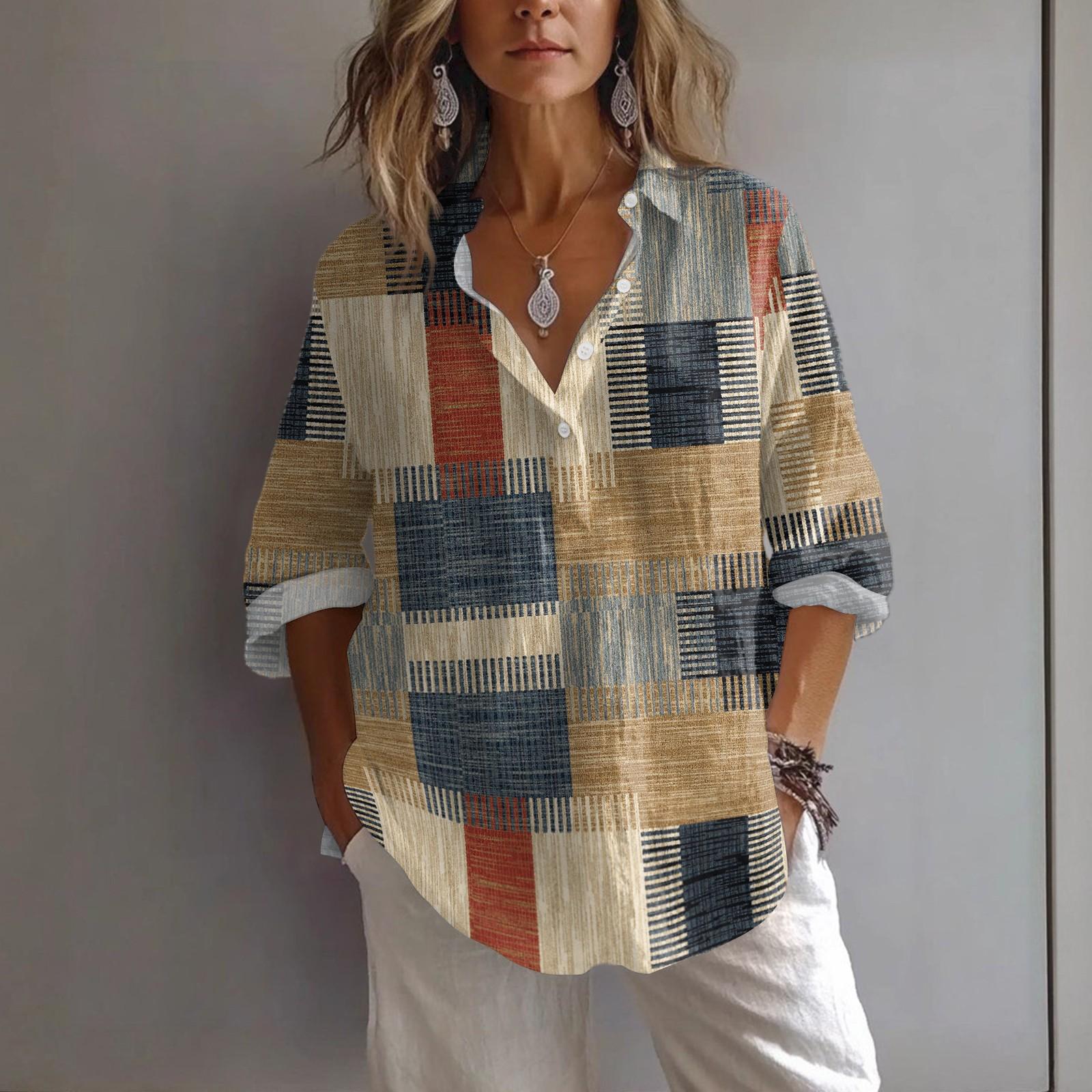 

Женская повседневная весенне-летняя свободная рубашка-пуловер с принтом, с лацканами и рукавами XL хаки