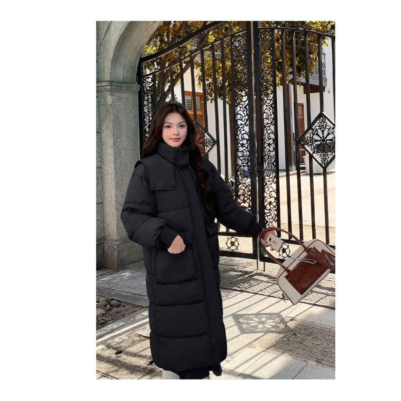 

Winter new cotton clothes women s medium and long large pockets over the knee thickened loose navy collar cotton coat XL чёрный