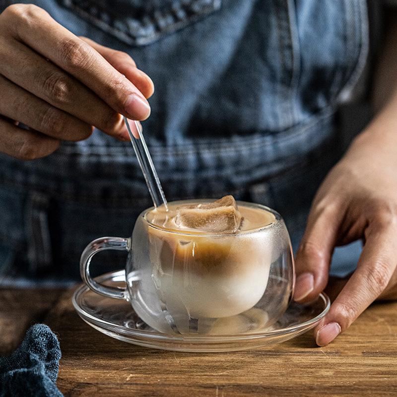 1set Double Wall Glass Cup with Handle Creative Transparent Anti-scald Heat Insulation Water Cup Milk Lemon Juice Coffee Cups