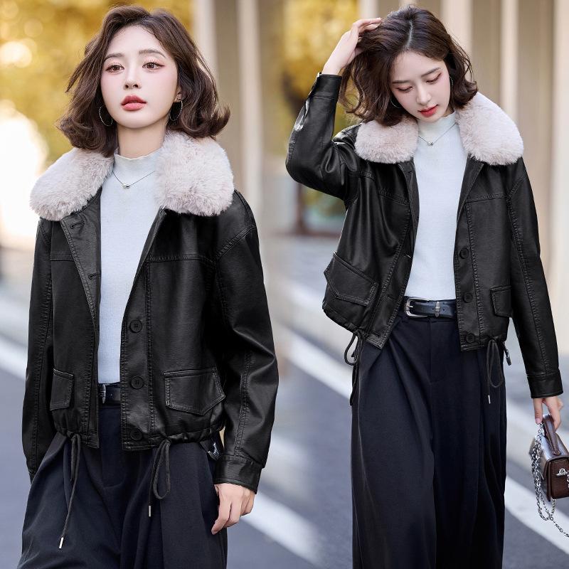 Fur integrated leather jacket women's autumn and winter autumn and winter new velvet leather jacket jacket