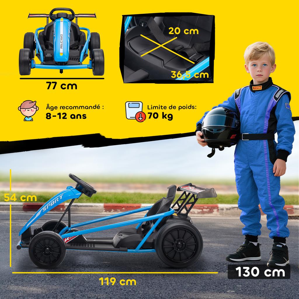 Electric Go-Kart for Children, 2 x 24V Motors, Drift Mode, 13 km/h, 119 x 77 x 54 cm, Blue