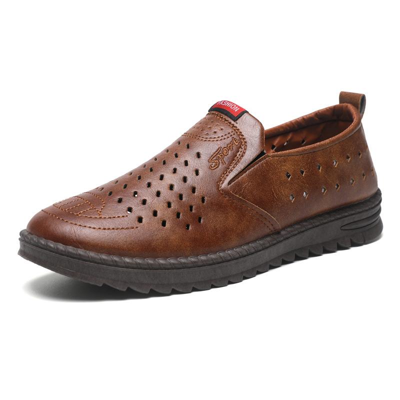 Hollow Mesh Shoes Summer Men's Sandals Hollowed Leather Shoes Soft Leather Cool Leather Shoes Breathable Hole Shoes Middle-aged Dad Men's Shoes