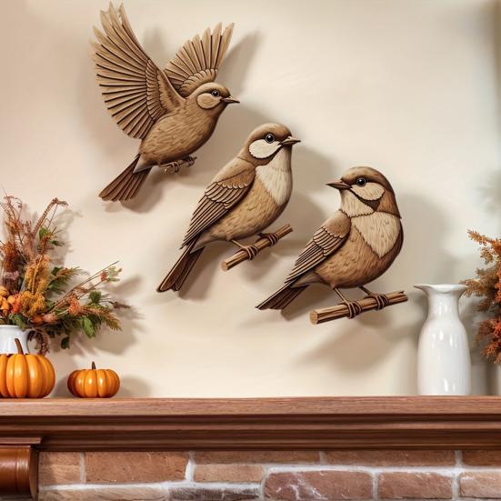 3 Pcs Wooden Sparrow Wall Art Rustic 2D Flying Birds Wall Hanging Decor for Living Room Bedroom Nursery Kids Room Farmhouse