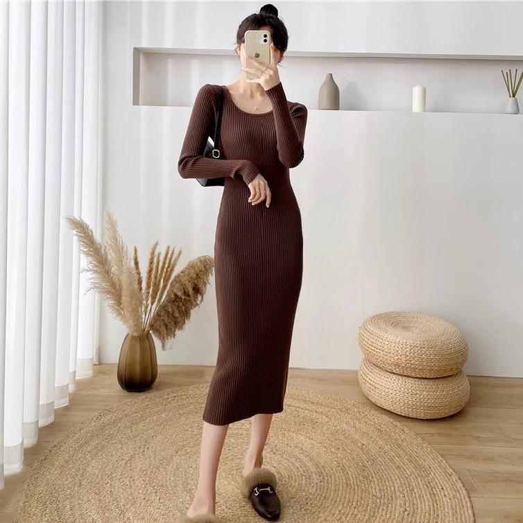 Women's French U-Neck Knit Dress: Autumn/Winter Slim Fit, Waist-Cinched, Bodycon Sweater Skirt