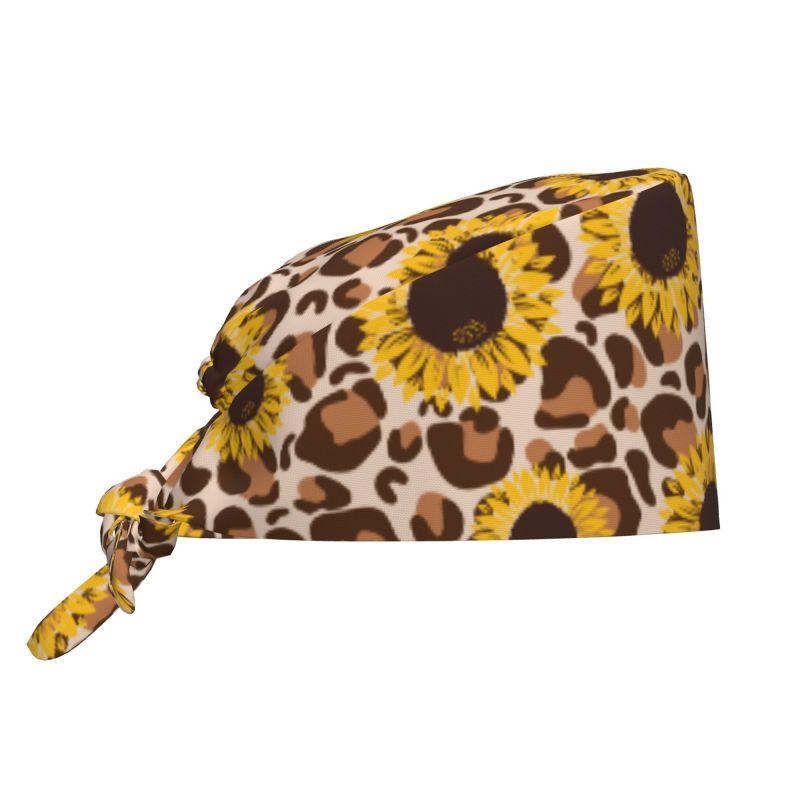 

Sunflower Leopard Working Cleaning Cap with Adjustable Sweatband Women Tie Back Hat Breathable Headgear Nurse Surgical Caps