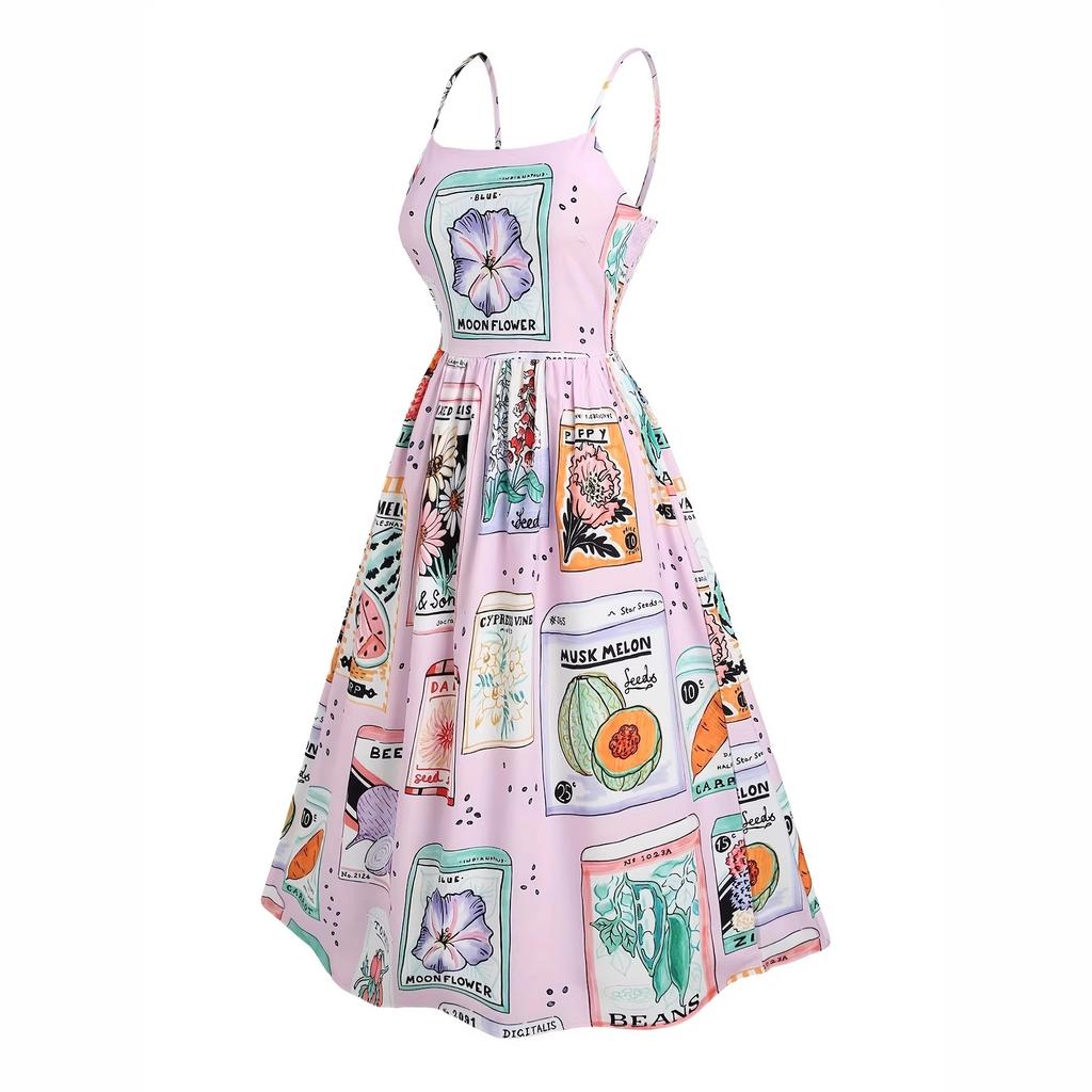 Retro seed print vacation suspender skirt, light pink background color with colorful plant pattern vacation suspender skirt