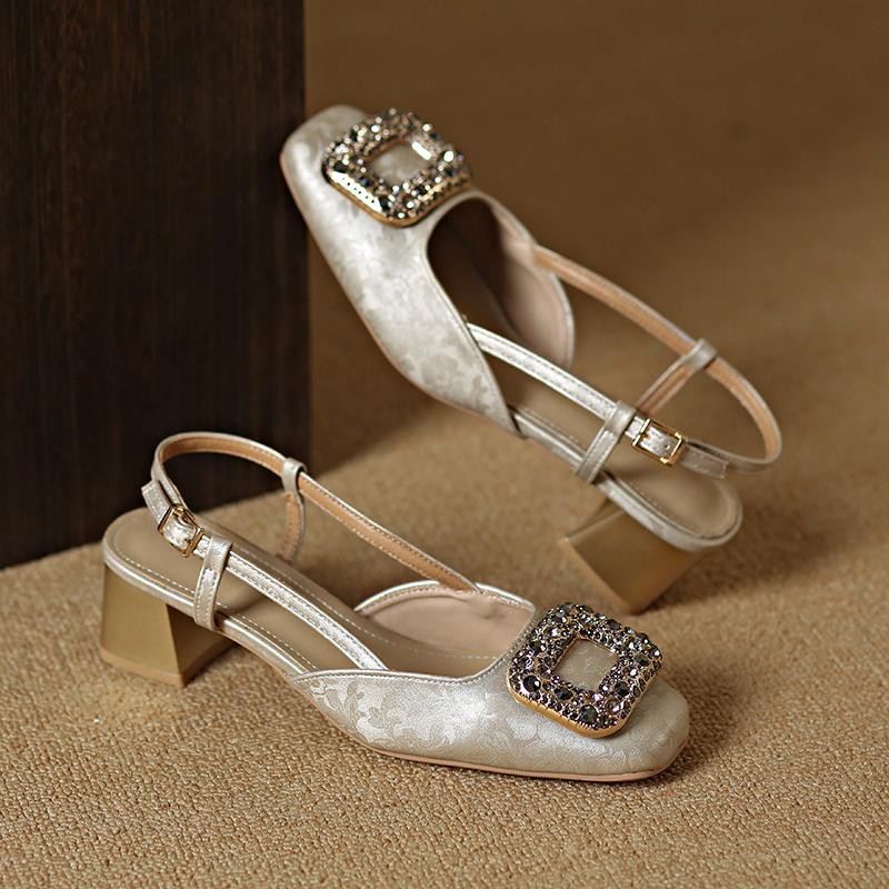 

2024 New High Heels Rhinestone Female Shoes Luxury Fashion Square Crystal Diamonds Buckle Women s Sandals Sandalias De Mujer 34 абрикосовий