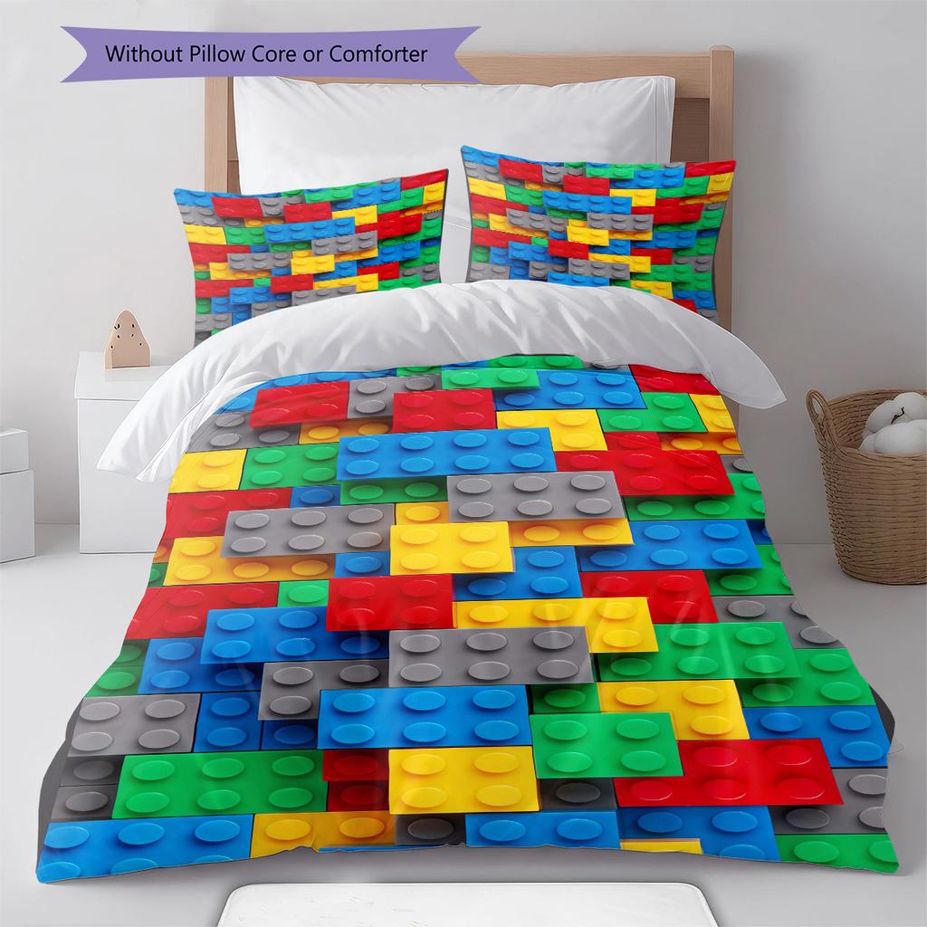 Building Blocks Pattern Bedding Quilt Set Quilt Cover Pillowcase Home Decoration Gift (1 * Duvet Cover + 2 * Pillowcase, Without Core)