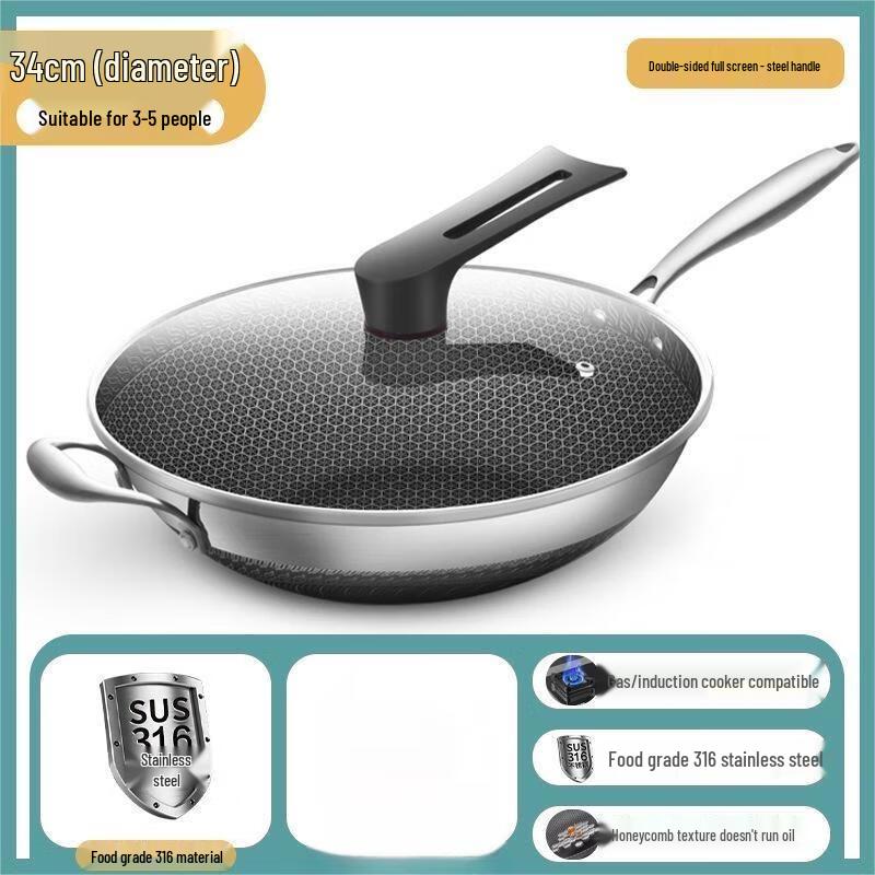 

316 Stainless Steel Non-Coated Flat Bottom Wok with Glass Lid, 34cm
