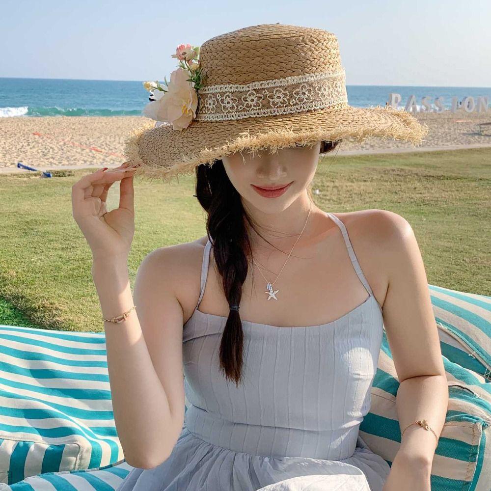 Boho Lace Flower Straw Hat Wide Brim UV Protection Cap Fashion Women's Sun Hats Summer