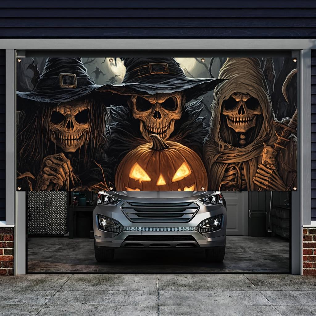 1 Piece Halloween Garage Banner Three Skeleton Wizards Evil Staring At You In the Background Party Atmosphere Background