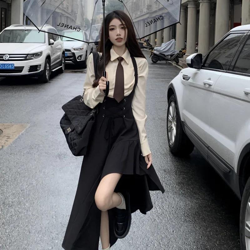 Wiosenny koreański słodki i pikantny dwuczęściowy zestaw spódnic retro ogrodniczki – uniwersalny styl casualowy