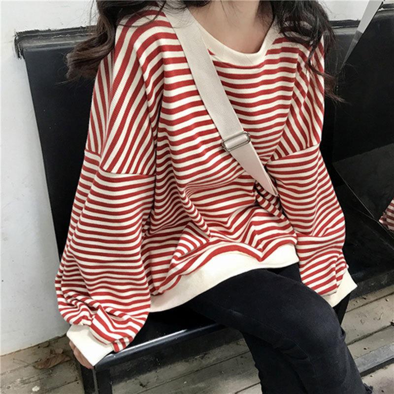 Women s Round Neck Long Sleeve Striped Sweatshirt Loose Fit Casual Top Oversized Pullover Blouse M