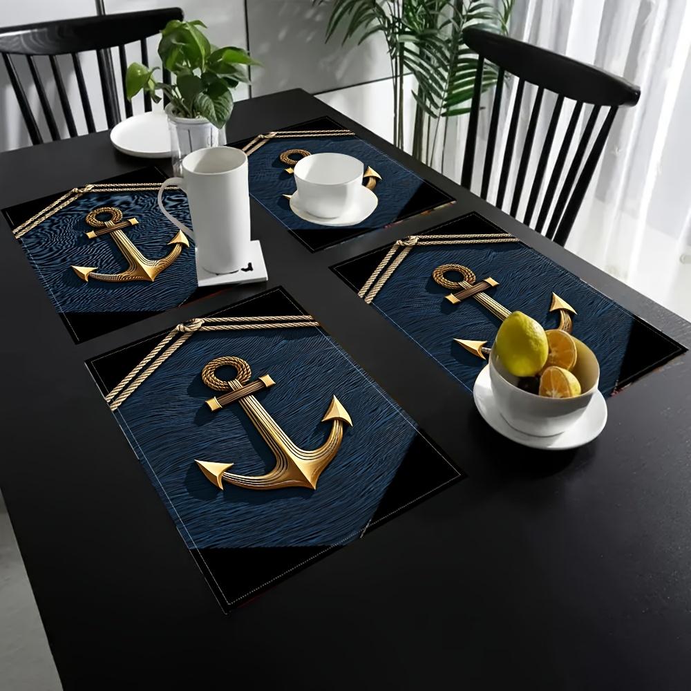 4 Ocean Anchor Pattern Placemats, 100% Rectangular Table Mats, Hand Washed, Size 12x18 Inches, Suitable for Dining, Kitchen, Party and Home Decoration